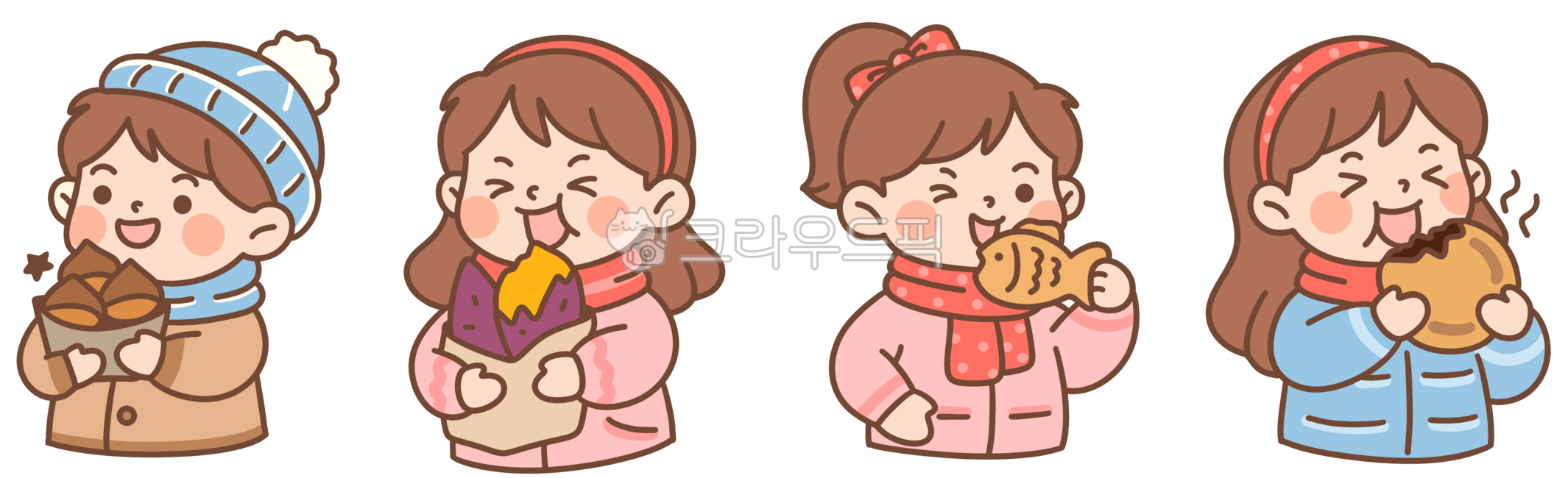 k푸드,간식,겨울,겨울옷,겨울패션,군것질,귀여운,길거리음식,따뜻한,맛있는,먹거리,목도리,사람,웃는,캐릭터,패딩,행복,군고구마,붕어빵,군밤,호떡