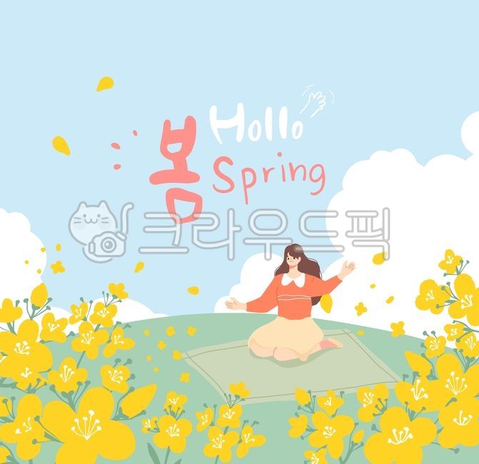 sky,Character,Callie,Spring background,spring illustration,flower,cloud,warm,happiness,person,illustration,calligraphy