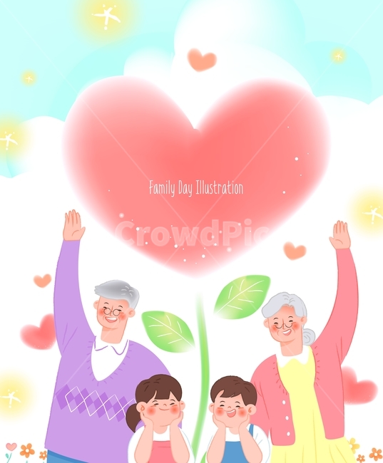 하트,풀,할머니,할아버지,하늘,구름,아이,어린이,화목,패밀리,사랑,가정,가족,가정의달,캐릭터,사람,5월,가족,패밀리,family,그래픽,일러스트레이션,graphic,illustration