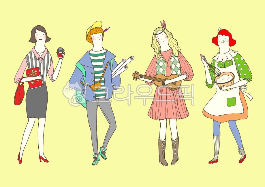 워킹우먼,일하는여자,여성팀워크,직장여성,일러스트,요리사,뮤지션,디자이너,커리어우먼,오피스레이디,여성리더,도시여성,여성팀,비즈니스여성,소녀,여성,커피,카메라,우쿨렐레,믹싱볼,베이킹,연주,여행,커피브레이크,여성일러스트,캐릭터