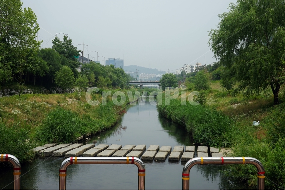 하천,나무,수풀,돌다리,펜스,하늘,안전시설,stone,bridge,fence,sky,safetybar,trees,stream,도시,풍경,city,landscape,water,물,ditch,도랑,outdoors,옥외