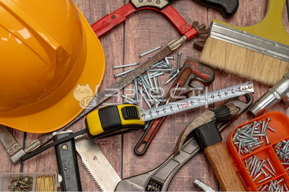 erection,repair,repair work,pond,extension,tool box,hammer,industry,construct,safety helmet,interior,woodworking,diy,tree background,construction,close up,top view,workshop,equipment,technician,tool,master,Construction site,background,service,tape measure
