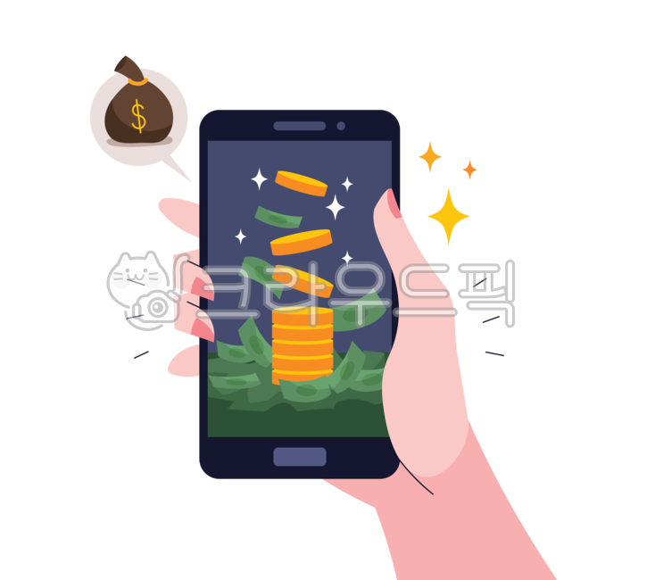 일러스트,휴대폰,휴대전화,스마트폰,핸드폰,손,들고있는,사용,이용,화면,아이콘,포인트,적립,돈,이익,수익,수입,머니,어플,앱,어플리케이션,돈주머니,부자,은행,저축,투자,주식