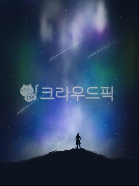 illustration picture,shooting star,milky way,nature,night,girl,aurora,outdoors,night sky,person,illustration background,illustration