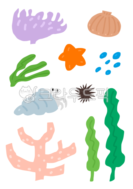 해양생물,바다생물,산호초,소라게,불가사리,조개,해초,성게,바다,일러스트,드로잉,디자인,스티커,바다생물스티커,해양생물스티커