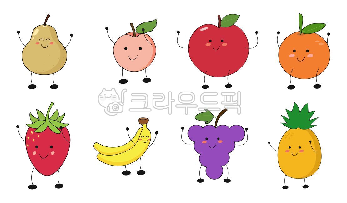 Cute fruit,fruit character,pear character,banana character,peach character,strawberry character,orange character,grape character,pineapple character,various colored fruit pictures,fruit illustration