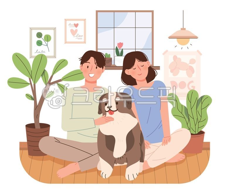 2인가구,부부,젊은부부,아내,남편,반려견,강아지,인테리어,집,홈,하우스,식물,화분,포스터,액자,사이좋은,화목한,대형견,집안,인물,사람,캐릭터,벡터,일러스트,가족,패밀리,여자,남자,플랫일러스트,앉아있는,앉은,휴식,함께,행복한,커플,연인,개,실내,쾌적한