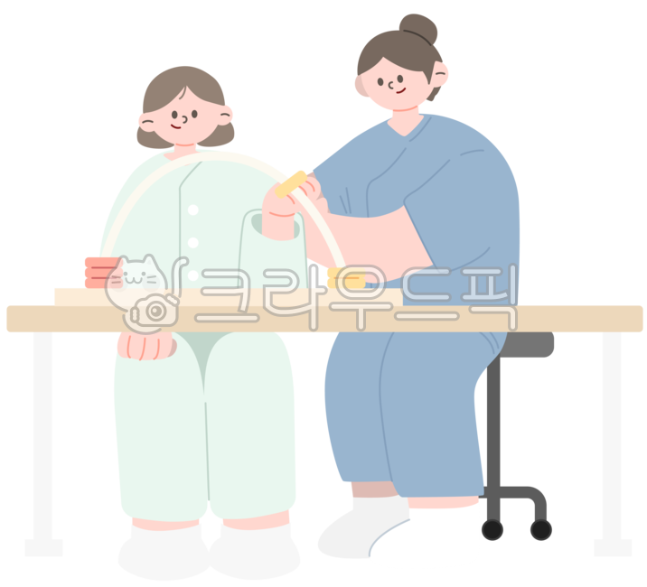 물리치료,재활치료,작업치료,사회,복지,의료,병원,의학,메디컬,재활,물리치료사,간호사,환자,일러스트,캐릭터,책상,의자,물리치료도구