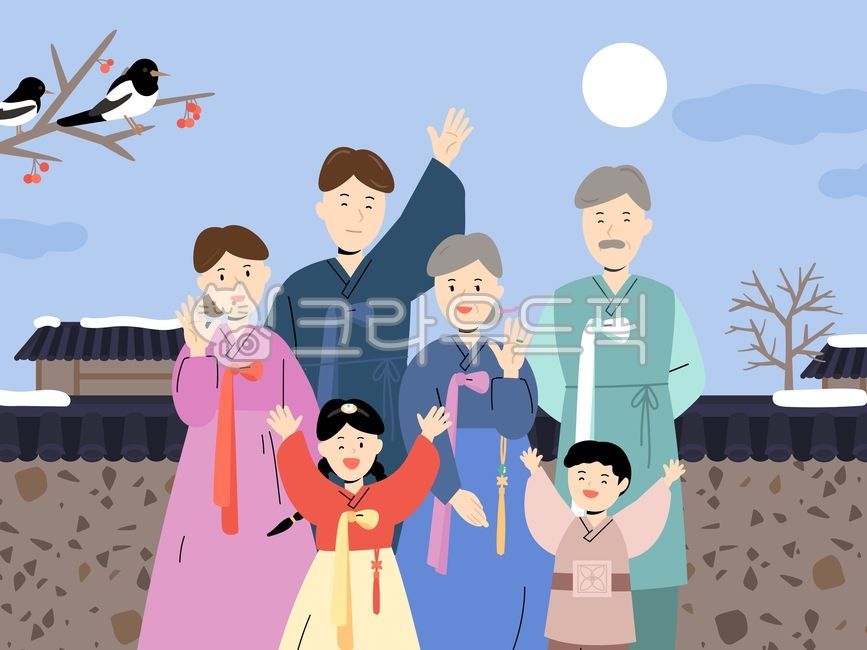 dad,greeting,mom,holiday,son,grandma,children,design,tile,season,grandfather,event,graphic,magpie,new year,hand drawing,banner,reconciliation,home,popup,korea,doubles,background,Han bok,illustration,family,poster,daughter
