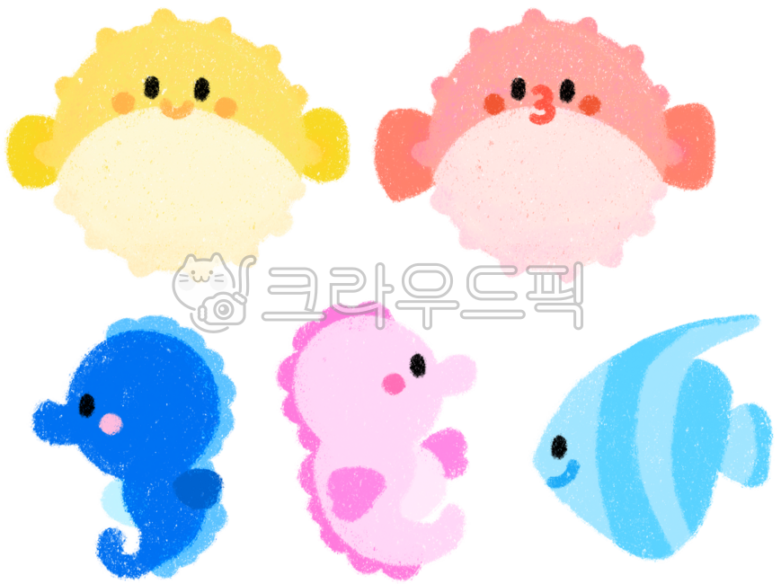 해양생물,바다,바다생물,바다동물,복어,해마,물고기,바닷가,바닷속,바닷속꾸미기,해양생물스티커,다꾸,크레파스,크레파스그림,크레파스물고기,귀여운물고기,캐릭터물고기,해마캐릭터