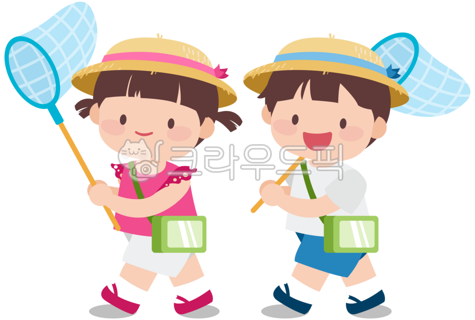 자연학습,곤충채집,여름방학,밀집모자,잠자리채,어린아이,꼬마,어린이,채집망,채집통,현장학습,체험학습,유치원생,원아,어린이집일러스트,소풍