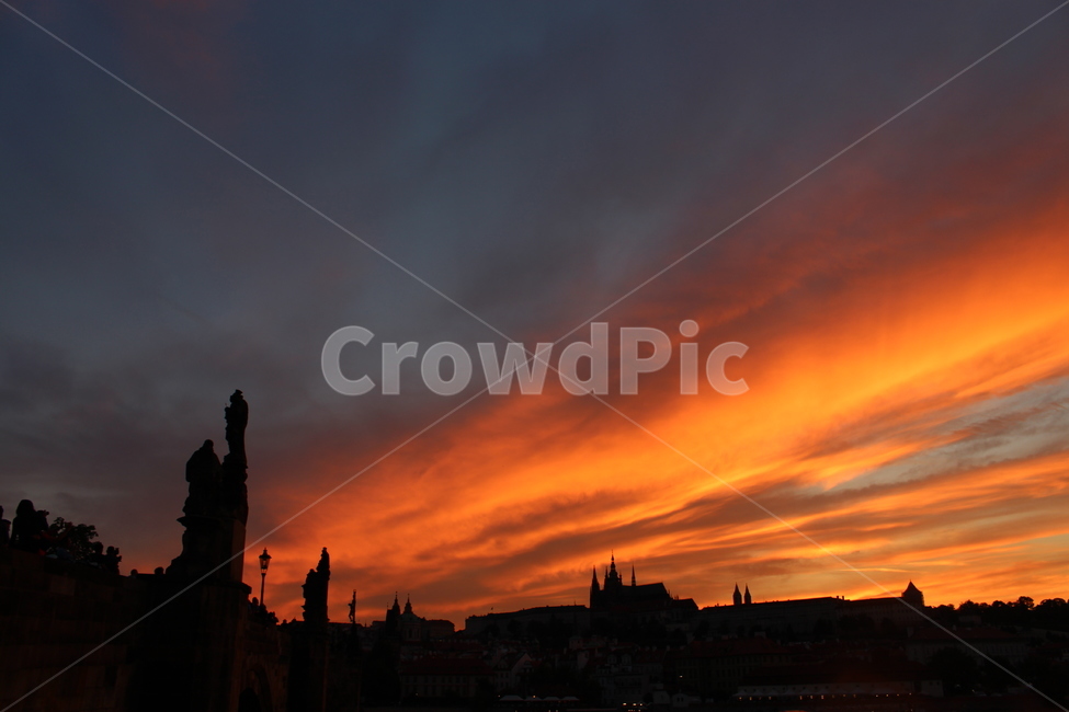 flaming,romance,red sky,memory,Dusk,Charles Bridge,Prague,Czech Republic,sunset,nightfall