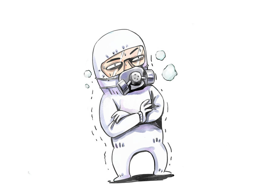 남자,방독면,마스크,방진,방진복,안경,공포,떨림,두려움,추위,오한,땀,식은땀,놀람,체온,걱정,근심,어지러움,흰색배경,man,gasmask,mask,dustproof,glasses,horror,trembling,fear,chills,sweat,surprise,bodytemperature,worry,dizziness,poisongas,whitebackground,호흡기,예방,예방접종,감염,전염,감염병,전염병,미세먼지,질병,바이러스,감기,기침,세균,병원균,확진환자,격리,면역,사망자,의료,의료기관,의학,건강,헬스,인체,사람,캐릭터,보건,황사,폐질환,폐,공기,오염,공기오염,경고,비상사태,위생,관리,위생관리,확진,청결,환자,확산,방지,코로나,코로나바이러스,코로나19,폐렴,우한폐렴,에볼라,뉴스,삽화,respiratorytract,vaccination,infection,infectiousdisease,epidemic,finedust,disease,virus,cold,cough,germ,pathogen,confirmationpatient,isolation,immune,dead,medicaltreatment,medicalcenter,medicine,health,anatomy,person,characters,healthcare,duststorm,lungdisease,lungs,air,pollution,airpollution,warning,emergency,hygiene,management,hygienemanagement,confirmation,cleanliness,patient,diffusion,prevention,corona,coronavirus,corona19,pneumonia,wuhanpneumonia,ebola,news,호흡기증후군,신종바이러스,신종코로나바이러스,에볼라바이러스,메르스,respiratorysyndrome,h1n1virus,swinecoronavirus,일러스트,일러스트레이션,드로잉,핸드드로잉,수채화,상황,상황일러스트,looking,drawing,handdrawing,watercolor,situation,illustration,의료,의학,병원,medical,hospital,clinic,그래픽,일러스트레이션,graphic,illustration