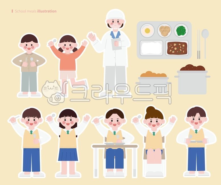 소년,식사,캐릭터,미소,급식기다리는사람,학교급식,학교점심시간,영양사,영양,영양선생님,테이블,접시,주방,심플,식판,급식,점심시간