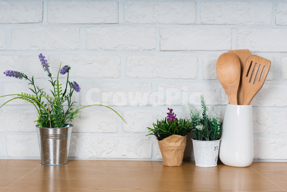 ceramic,spatula,cooking utensil,pattern,bright,Clean,inside,space,interior,pot,modern,trim,organize,neat,brick,cooking,kitchen utensils,kitchen,housewife,green,reflection,tree,metal,shelf,flower,spoon and chopsticks,background,Spoon,plant,purple
