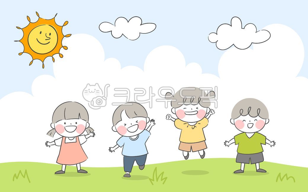 아이들,뛰어노는,들판,야외,귀여운,만화,달리는,놀이,햇살,자연,활발한,어린이,운동,일러스트,캐릭터,친구,원아모집
