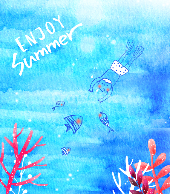 물고기,열대어,산호,해초,남자,사람,수채화,여름,감성,바다,여름,계절,summer,season,그래픽,일러스트레이션,graphic,illustration