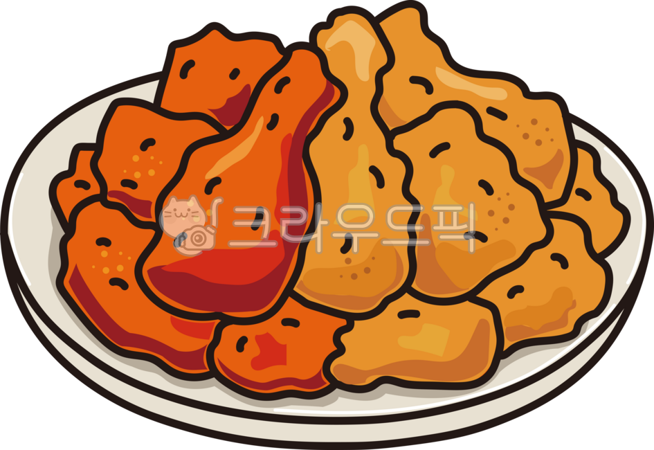 반반치킨,양념,후라이드,치킨반반,양념치킨,닭튀김,닭,튀김,치킨,배달음식,음식,한국,닭요리,안주,스티커,일러스트,복날,초복,중복,말복,요리,식사,식당,한식,그림