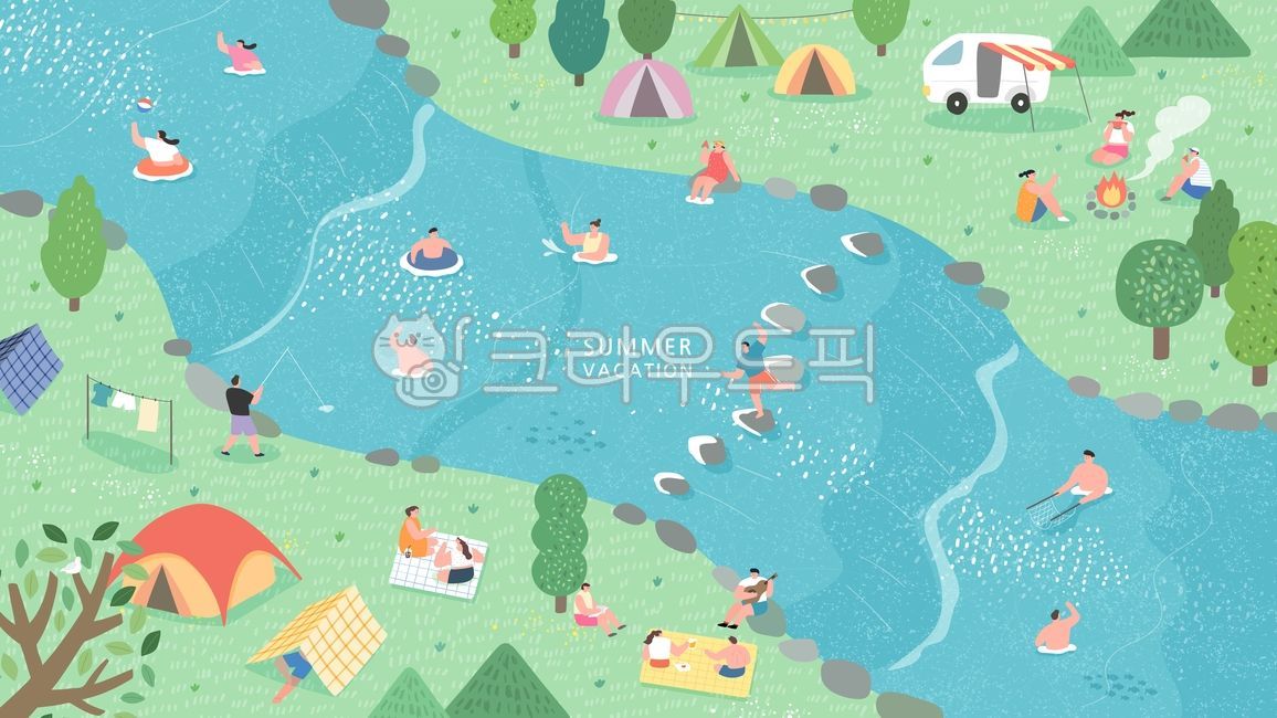 강,강변,하천,개울,돌다리,징검다리,카라반,텐트,물놀이,계곡,여행,여름,휴가,즐거운풍경,라이프,시즌,가족,생활,축제,휴식,여름휴가,바캉스,관광,그래픽,일러스트레이션,graphic,illustration