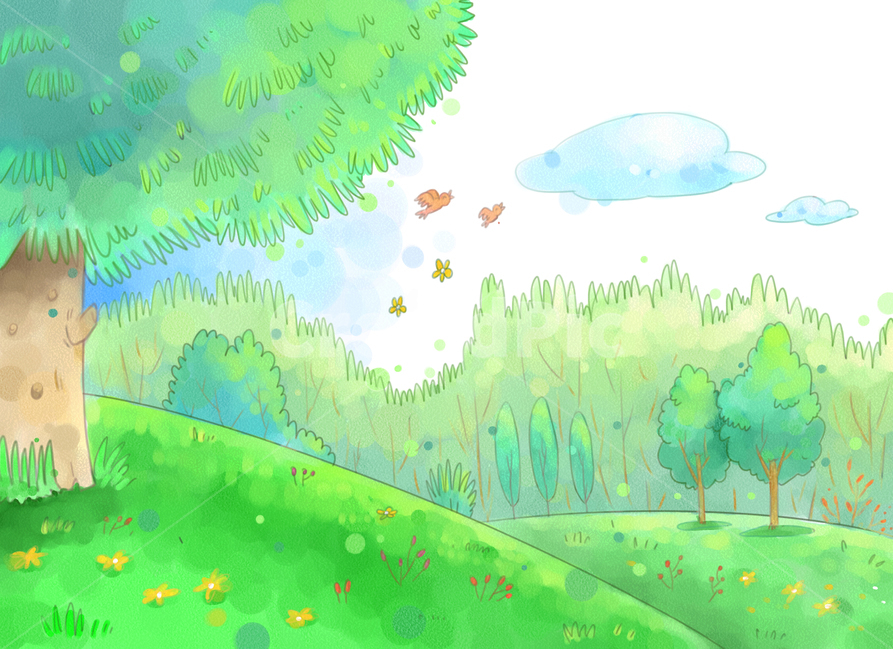 leaf of grass,spring semester,Brightness,spring breeze,oil paint,situation picture,spring,cloud,pastel,leaves,bird,sight,drawing,season,conversation,spring outing,warmth,hand drawing,pleasure,tree,shade,breeze,painter,Flying,background,plant,Watercolor,in