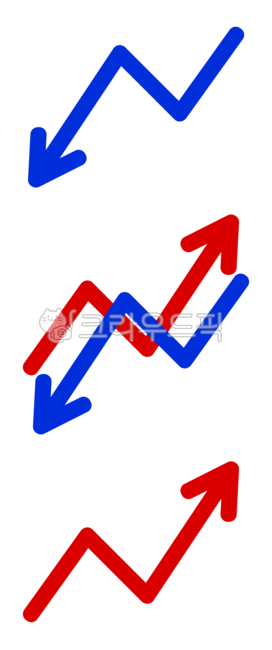 화살표,주식,주가,방향,일러스트,일러스트레이션,파란색,빨간색,상승,하락,상향,하향