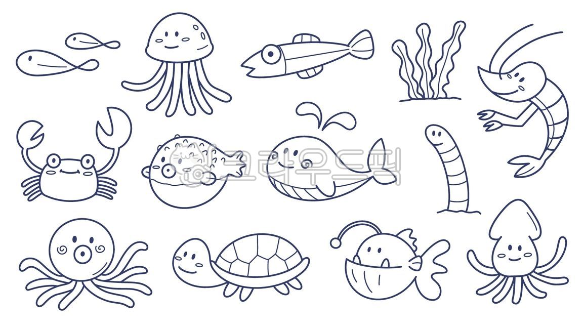 바다동물,해양생물,바다친구,수중생물,해양,바다라인드로잉,흑백일러스트,심플라인,귀여운,문어,고래,복어,심해물고기,심해아귀,거북이,게,해초,물고기,바다캐릭터,색칠공부도안,해양테마,여름디자인,수족관테마