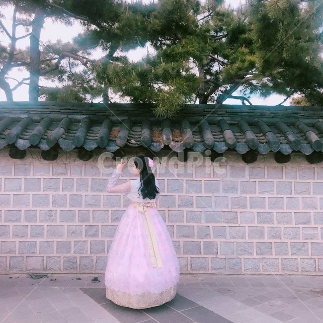 clothing,의류,apparel,의복,한복,담장,기와지붕,소나무,뒷모습,여자뒷모습,한복,한국전통의상,hanbok,korean traditional clothes,사람,인물,인간,human,person,여성,여자,woman,female,lady
