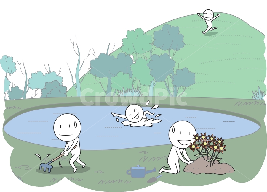 ai,일러스트,일러스트레이션,삽화,만화,디자인,아트클립,클립아트,그림,상업미술,벡터,콘셉트,콘셉,컨셉,사람,인물,인간,캐릭터,관계,풍자,동작,행동,상황,행위,표현,기분,표정,감정,느낌,시추에이션,소스,웹,앱,동산,연못,강,들판,나무,뜀,달리기,수영,물놀이,밭갈이,농사,꽃,꽃심기,꽃가꾸기,봄,여름,즐김,즐거움,그래픽,일러스트레이션,graphic,illustration