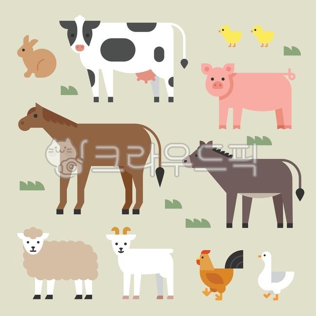 Cute,simple,plain,illustration,concept,background,composition,farm,animals,cow,pig,horse,donkey,sheep,goat,chicken,duck,rabbit,chick