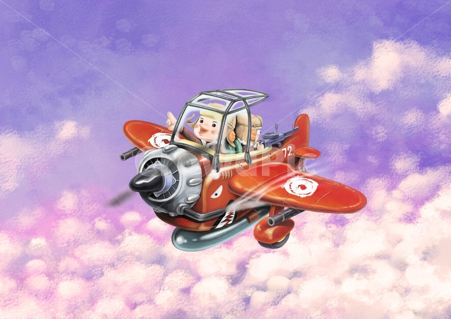 일러스트레이션,삽화,수작업,손그림,상황컷,상황그림,사람,풍경,배경,예쁜그림,엽서,카드,감수성,느낌,상업미술,상업그림,미술,비행기,조종사,비행기조종사,개구쟁이,기장,아이,아이들,소년,손가락,가리킴,출력,출격,폭탄,하늘,구름,귀여운,장난,놀이,이빨,무서운,폭격,프로펠러,빨간비행기,전투기,기관총,연기,상어,아기자기,장난감,날아감,보라색,보랏빛,구식비행기,시작,새로움,상쾌함,전쟁놀이,멋진하늘,멋진구름,예쁜하늘,예쁜구름,파스텔,알록달록,회화,페인터,그림,수채화,유화,일러스트,캐릭터,남자,sd,유아,친구,그래픽,일러스트레이션,graphic,illustration