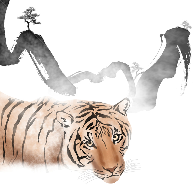 동양화,호랑이,산,나무,붓터치,동물,animal,그래픽,일러스트레이션,graphic,illustration