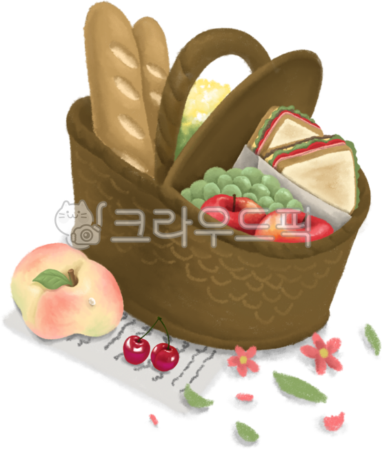 샌드위치,복숭아,체리,바게트,빵,베이커리,사과,포도,피크닉가방,꽃,나뭇잎,소풍,피크닉