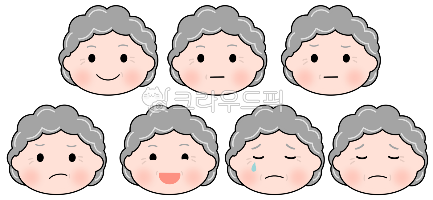 눈물,슬픈,우울한,우울증,무기력한,웃음,인자한,미소,활기찬,여자노인,아무렇지않은,언짢은,무표정,인상을찌푸리다,기분나쁜,짜증,짜증나는,불쾌한,할머니,표정,얼굴,주름,파마머리,흰머리,어르신,시니어,캐릭터,일러스트,손그림,여자,노인,얼굴표정,가족,사람,어른,활짝웃는,행복한,즐거운,박장대소
