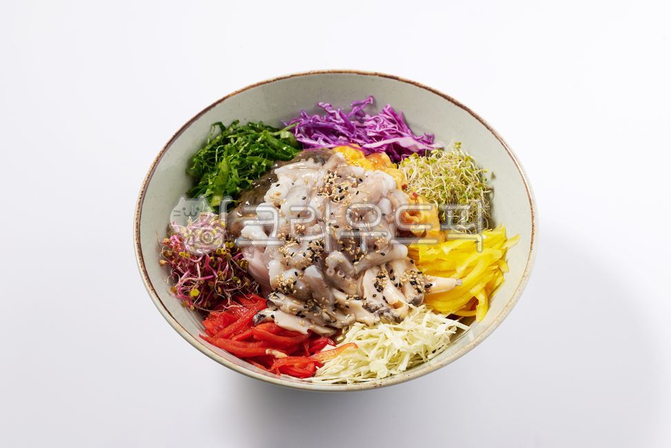 물회,흰색배경,음식,수산물,바다음식,채소,파프리카,양배추,낙지,식사