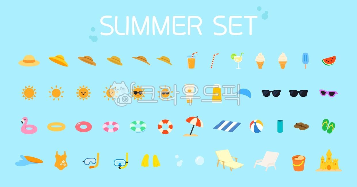 Summer,summer illustration,summer elements,summer set,summer items,illustration,set,summer illustration set,sunglasses,sunscreen,hat,straw hat,ice cream,watermelon,tube,flamingo tube,parasol,sand castle,sand play,slippers,cooking,sand
