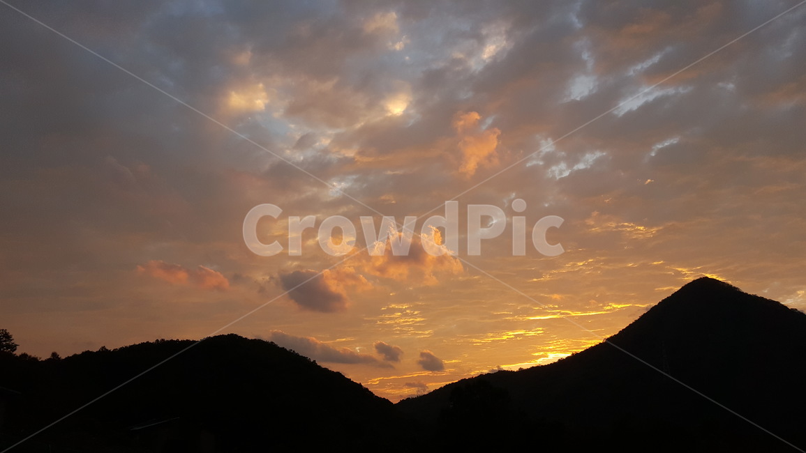구름,하늘,산,일몰,주황색,노을