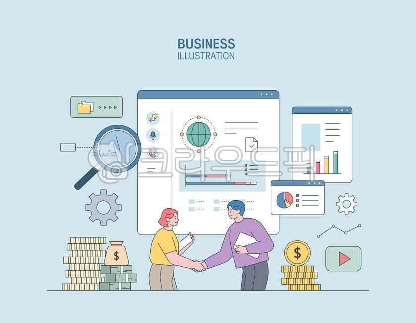 비즈니스,마케팅,남자,여자,비지니스맨,비지니스우먼,악수,돋보기,돈,달러,그래프,원그래프,막대그래프,차트,비즈니스,사업,business,service,work,그래픽,일러스트레이션,graphic,illustration