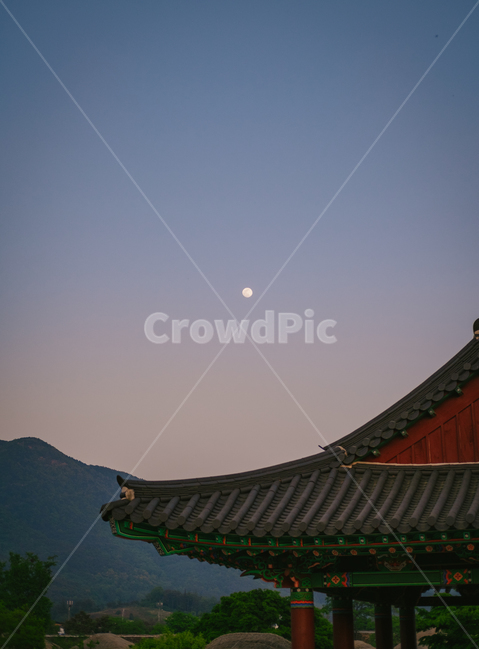 달,하늘,산,밤하늘,기와,한옥,지붕,처마,운치,감성,밤,저녁,고즈넉,전통,한국적인,야경,밤,풍경,nightscape,night,landscape,한국전통,한국문화,korean traditional,korean culture,건축물,건물외관,exterior,building,structure,architecture,construction