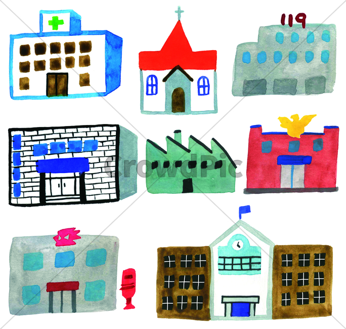 handdrawing,손그림,집,house,소방서,firestation,주택,firehouse,home,병원,물감그림,drawing,painting,color,hospital,교회,church,건물,building,structure,경찰서,policestation,학교,school,우체국,postoffice,그래픽,일러스트레이션,graphic,illustration