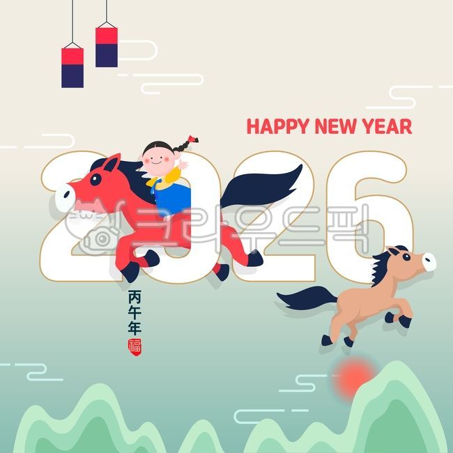 2026,새해,설날,말,말의해,말띠,근하신년,신년,새해인사,전통,전통문양,산,일출,해,구름,한복,여자아이,댕기,저고리,치마,승마,붉은말,병오년,연하장,배너,신년인사,명절,설,새해복많이받으세요,십이지신,12지신,한국,문양,청사초롱