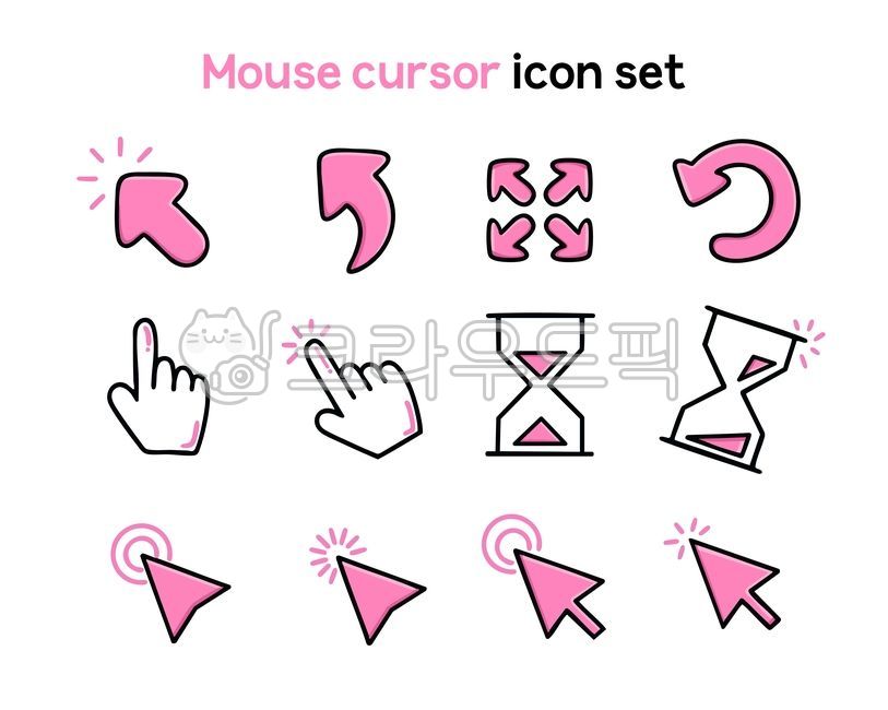마우스커서,커서,마우스,화살표,아이콘,손가락,라인드로잉,라인,드로잉,마우스커서아이콘,포인트,표시,핑크,컴퓨터,간단,단순,심플,말풍선,로딩,모래시계,시간,사이즈조절,도형,귀여운,아기자기