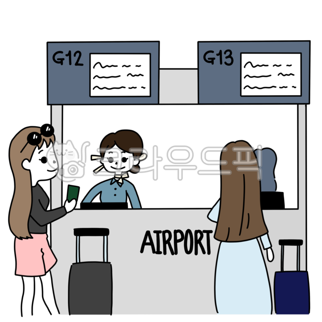 삽화,회화삽화,삽화일러스트,상황별,대화,회화그림,공항,공항티켓팅,출국,여행,출국수속,탑승수속
