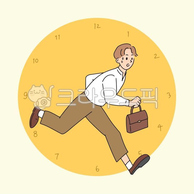 직장인,회사원,비즈니스,지각,시계,달리다,달리는,늦다,취업,회사,사무,사람,남자,일러스트,손그림,라인일러스트,illustration,시간,지각하다