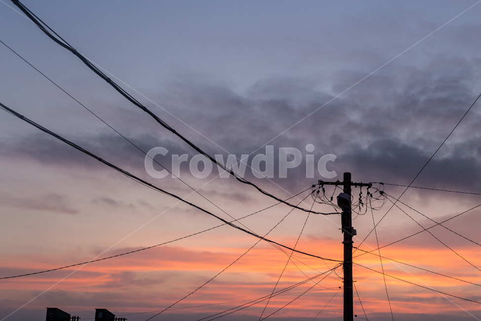 sky,backlight,telegraph pole,electric wire,cloud,sunset,telephone pole,silhouette,sight,gradation,sunest,nightfall,electric cord,cable,landscape,utilitypole