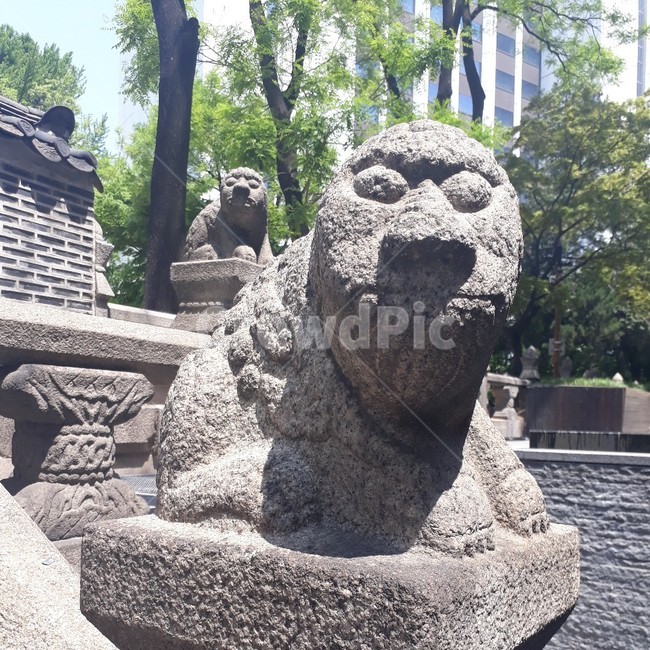 환구단,해태,한국,대한민국,전통,한국전통,수호신,자연,나무,돌,낮,아침,여름,조각상,동상,석상,조형물,statue,bronze statue,stone statue