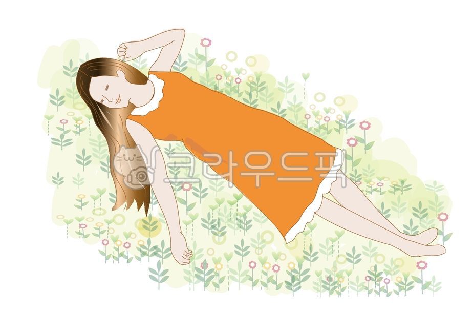 잔디밭,일러스트,긴머리,여인,여성,원피스,손그림,여성스런,꽃