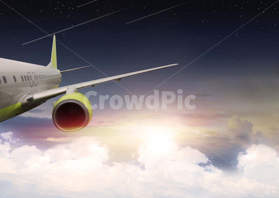 sky,synthesis,sunrise,cg,night,aircraft,sun,transportation,healing,fly,high,light,dream,engine,wings,airplane,sunset,vacation,travel,glow