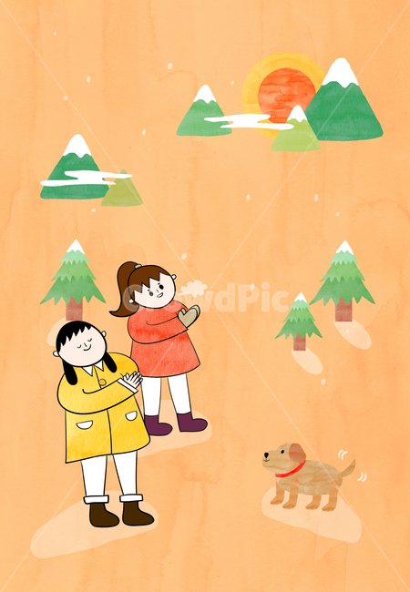강아지,개,해,태양,여자,나무,산,겨울,감성,겨울,계절,winter,season,자연,풍경,nature,landscape,그래픽,일러스트레이션,graphic,illustration