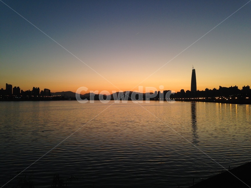 한강,노을,반영,강가,잠실타워
