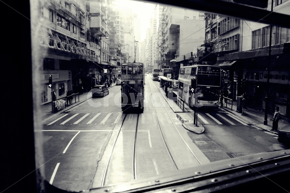 트램,건물,2층버스,여행,홍콩,횡단보도,옛거리,흑백,모노톤,monochrome,black and white,교통,교통수단,traffic,transportation